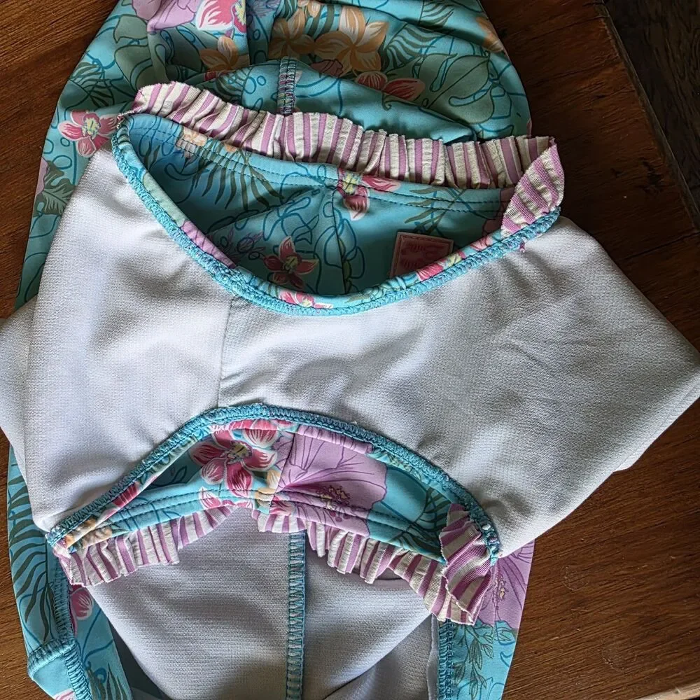 Ruffle Butts Orchid Oasis One Piece Rashguard Swimsuit Girl Size 5 Blue Hibiscus